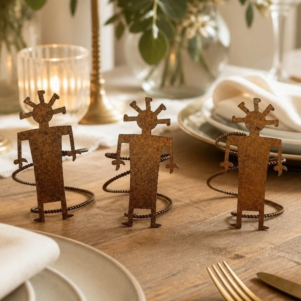 Napkin Rings Unisex OS Brown Excellent Kokopelli Metal Set of 3 Rustic
